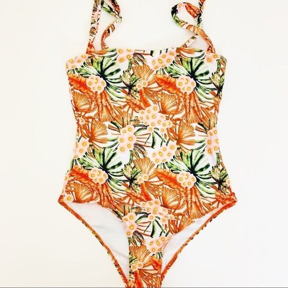 Tropical Print One-Piece Maillot Swimsuit, Orange - Picture 3 of 11